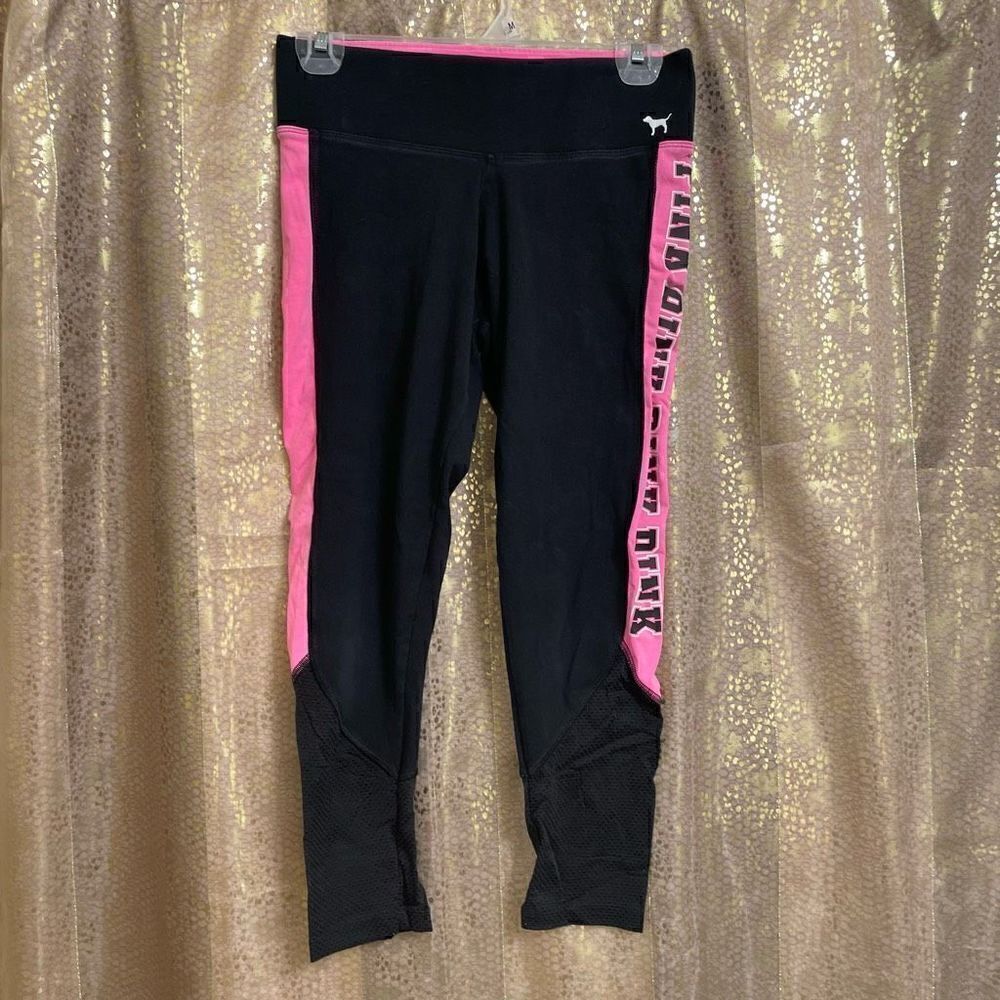 PINK Victorias Secret black hot pink mesh ankle leggings, S GUC